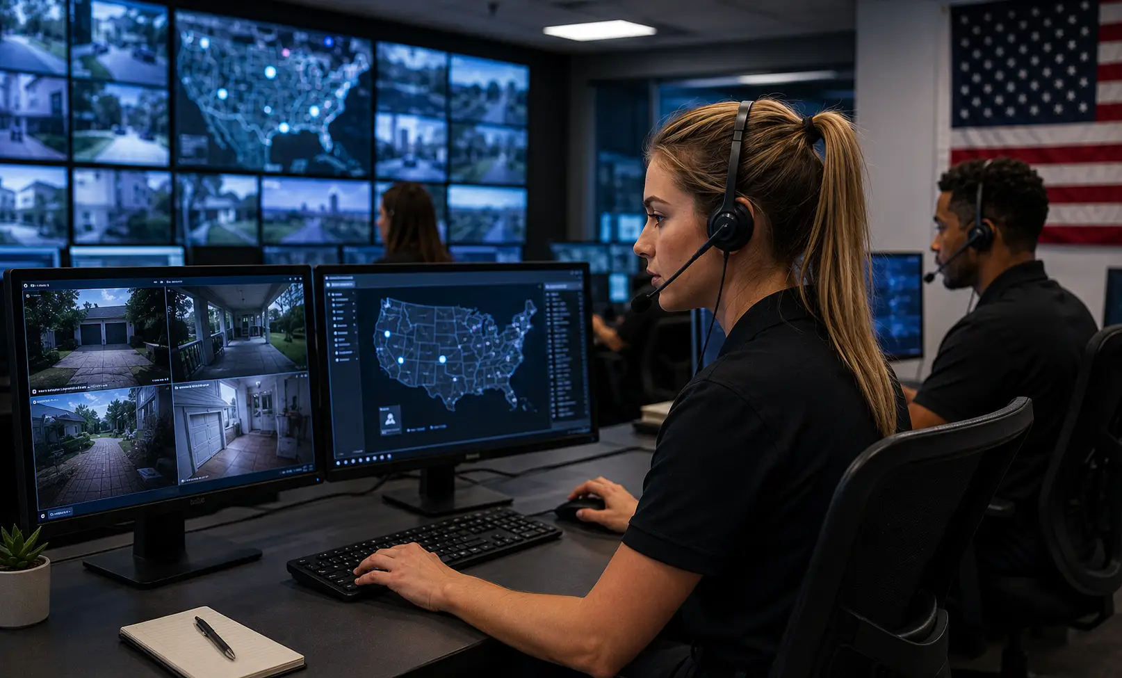 Professional home security monitoring protecting a US homeowner 24/7