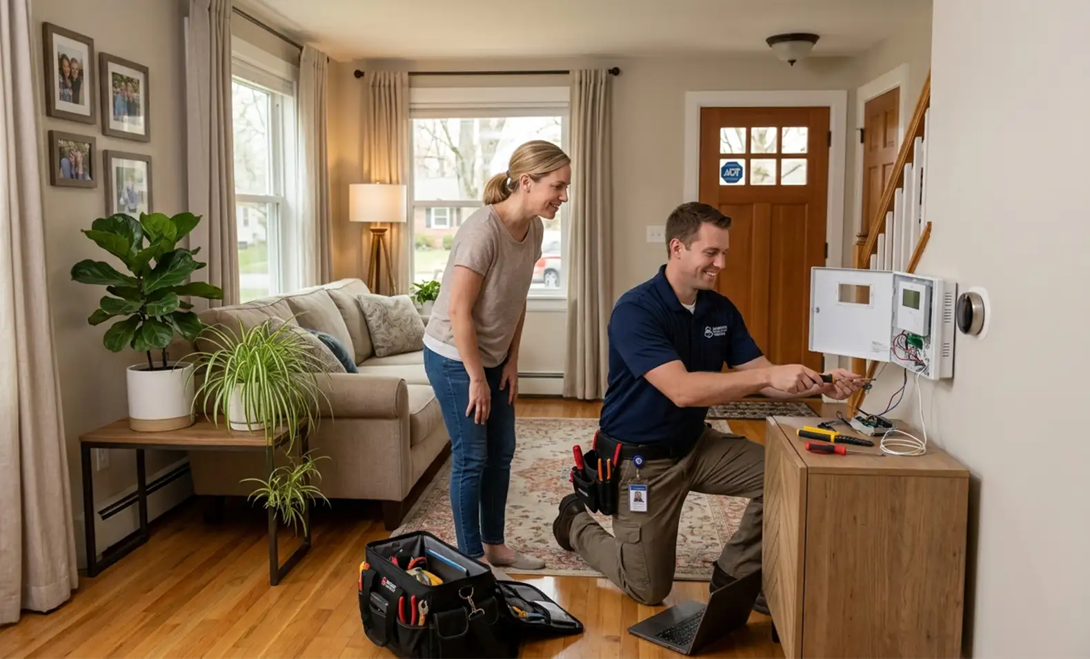 Home security system service call and repair technician visit