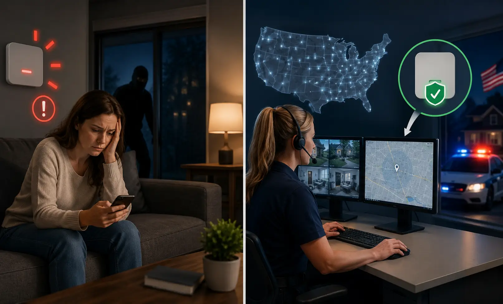 Self-monitoring missed alert vs professional monitoring dispatch comparison