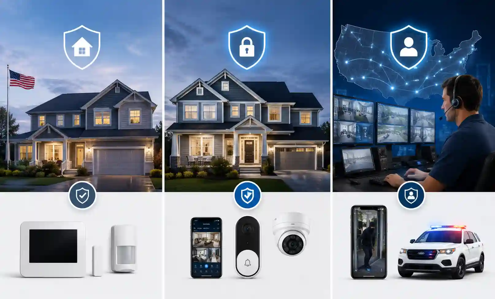 Professional home security monitoring tier comparison — standard, premium, and live agent deterrence